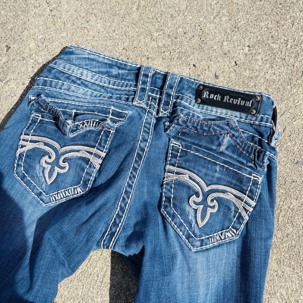 Rock Revival Straight Blue Denim Jeans Embroidered y2K Distressed Women's 28 - Picture 1 of 7